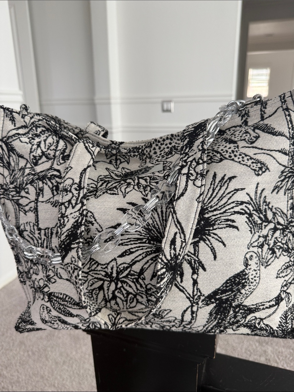 Canvas Tropical Print Tote Bag with Clear Chain Strap - Black & Cream